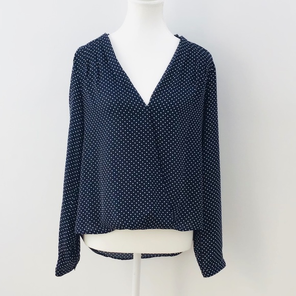 SPORTSGIRL size 10 long sleeved blouse, gathered V neck, dark blue w/white dots - Picture 2 of 8